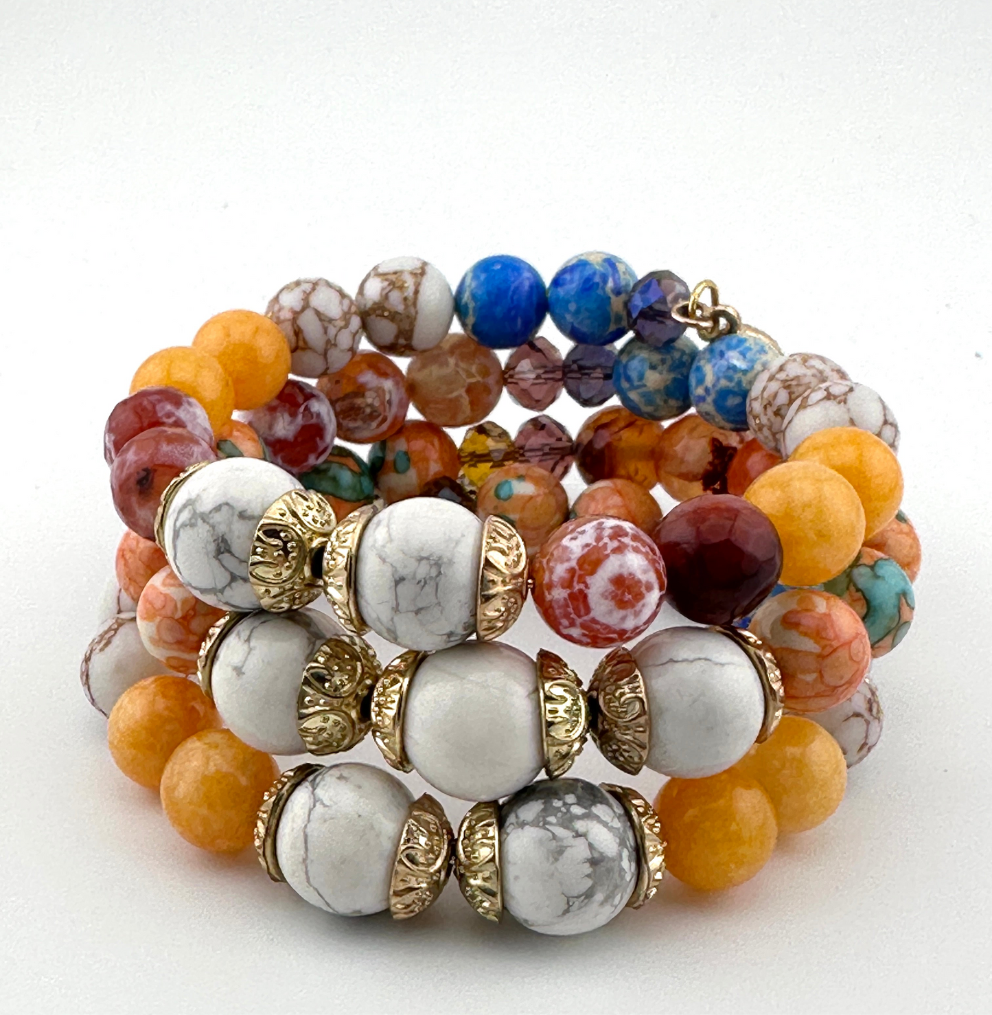 Three-Coil Cuff Bracelet – Fire Agate, Imperial Jasper & Orange Jade | Handmade Gemstone Jewelry