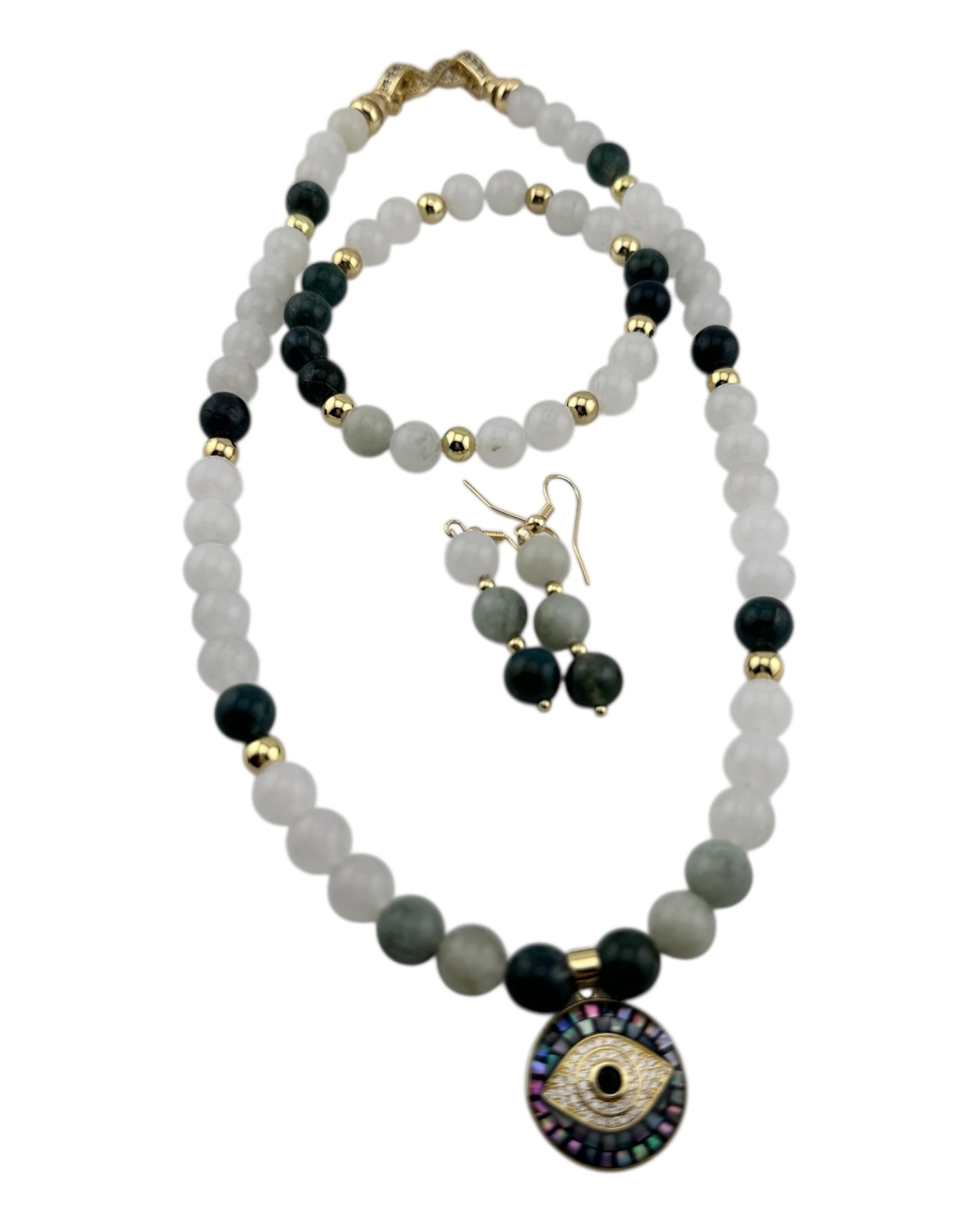 Tea Jasper & Evil Eye 3-Piece Jewelry Set – 18K Gold-Plated with Opal Shell Protection Pendant