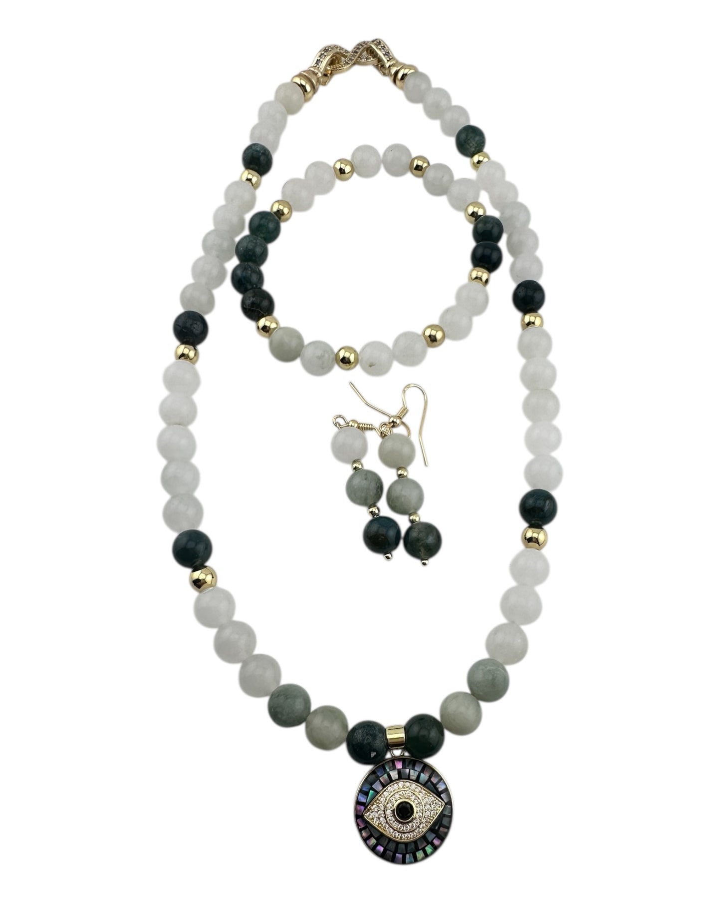 Tea Jasper & Evil Eye 3-Piece Jewelry Set – 18K Gold-Plated with Opal Shell Protection Pendant