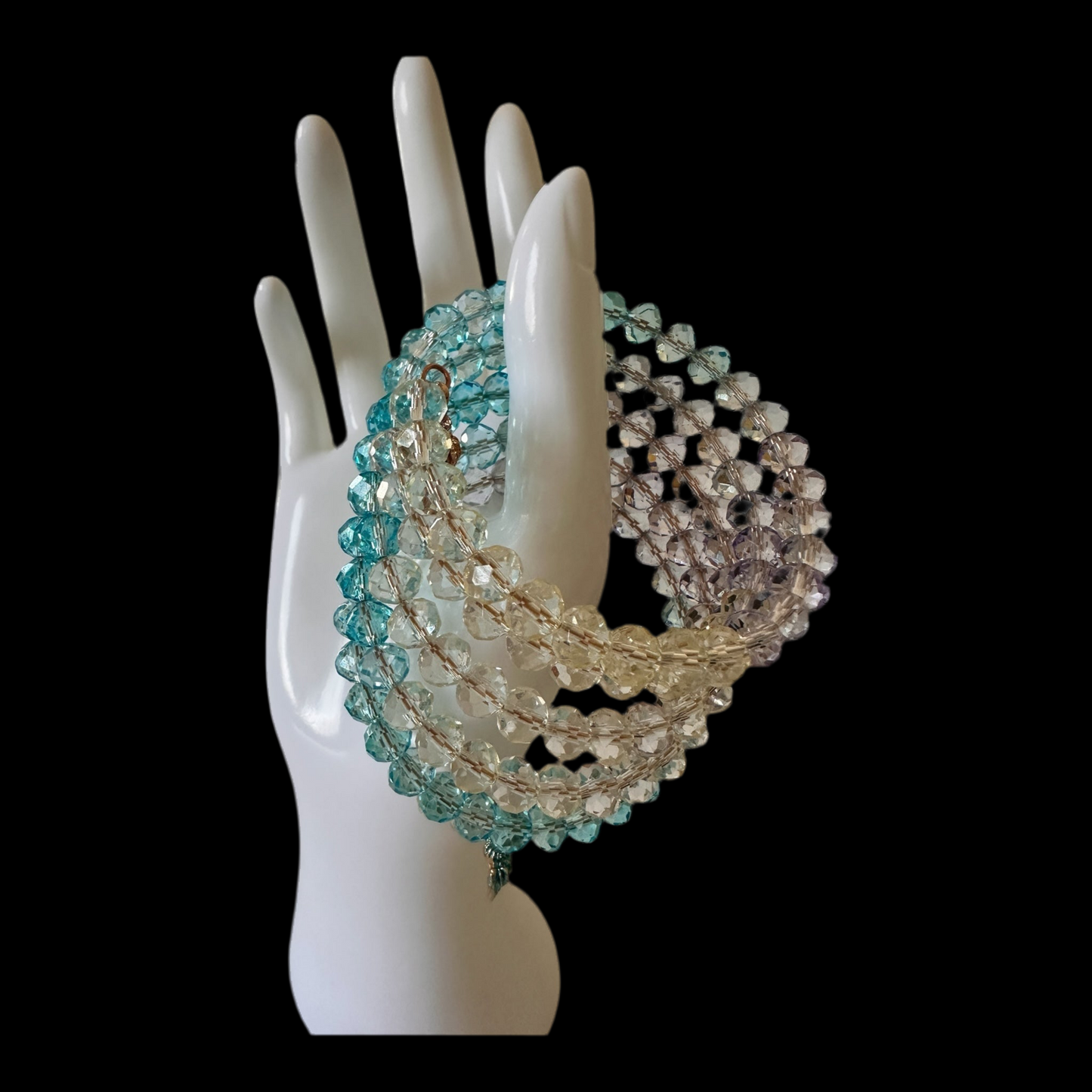 “Sea Goddess” Memory Wire Bracelet – 5-Ring Ombre Crystal Wrap with Shell Charm