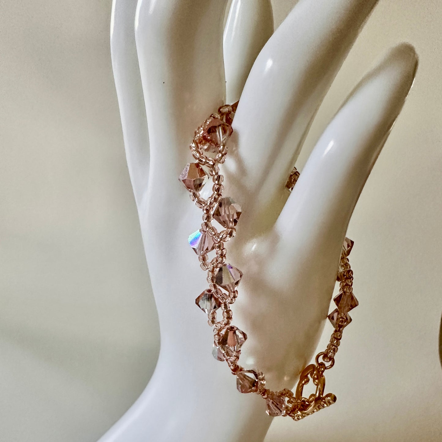 Vintage Rose Swarovski Bracelet – Pink Toho Beads & Gold Toggle