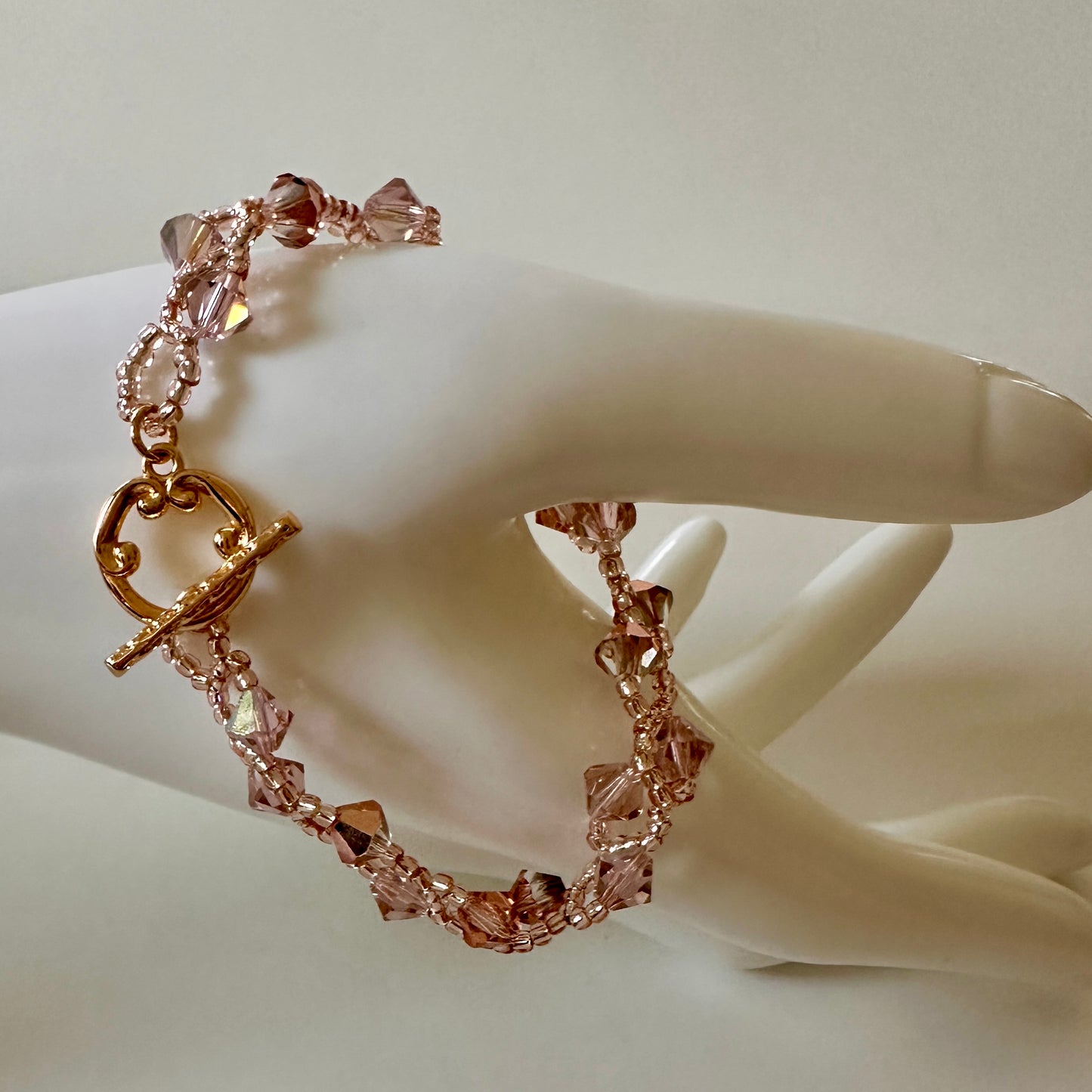 Vintage Rose Swarovski Bracelet – Pink Toho Beads & Gold Toggle