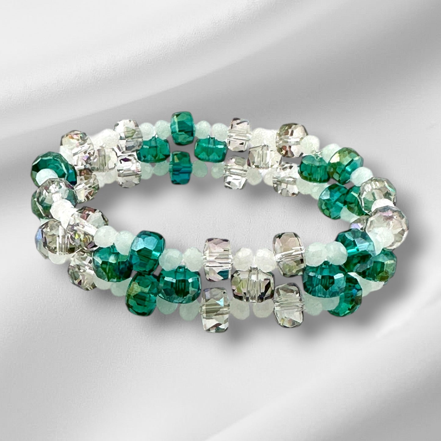 Emerald, White & Silver Three-Tier Crystal Stretch Bracelet