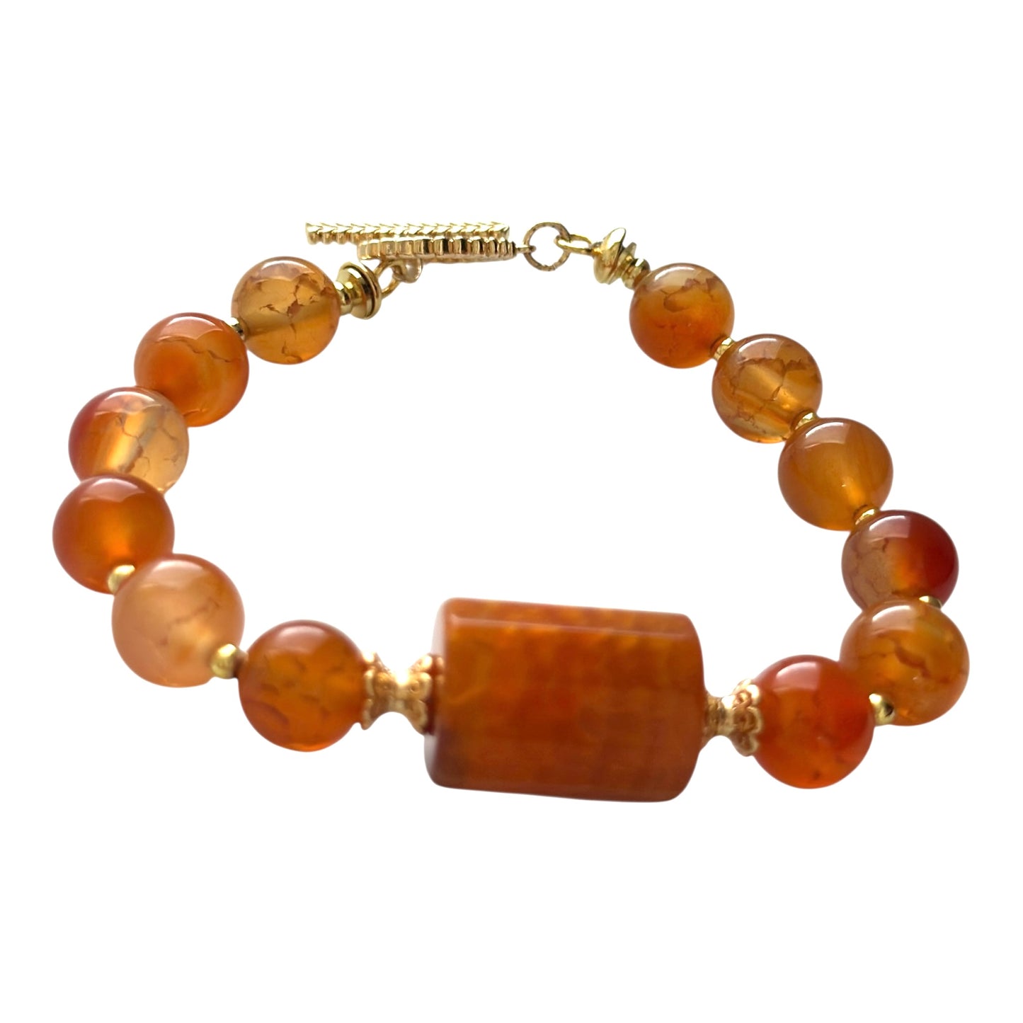 “Inner Flame” Carnelian Bracelet – 10mm Gemstones with Gold-Plated Clasp