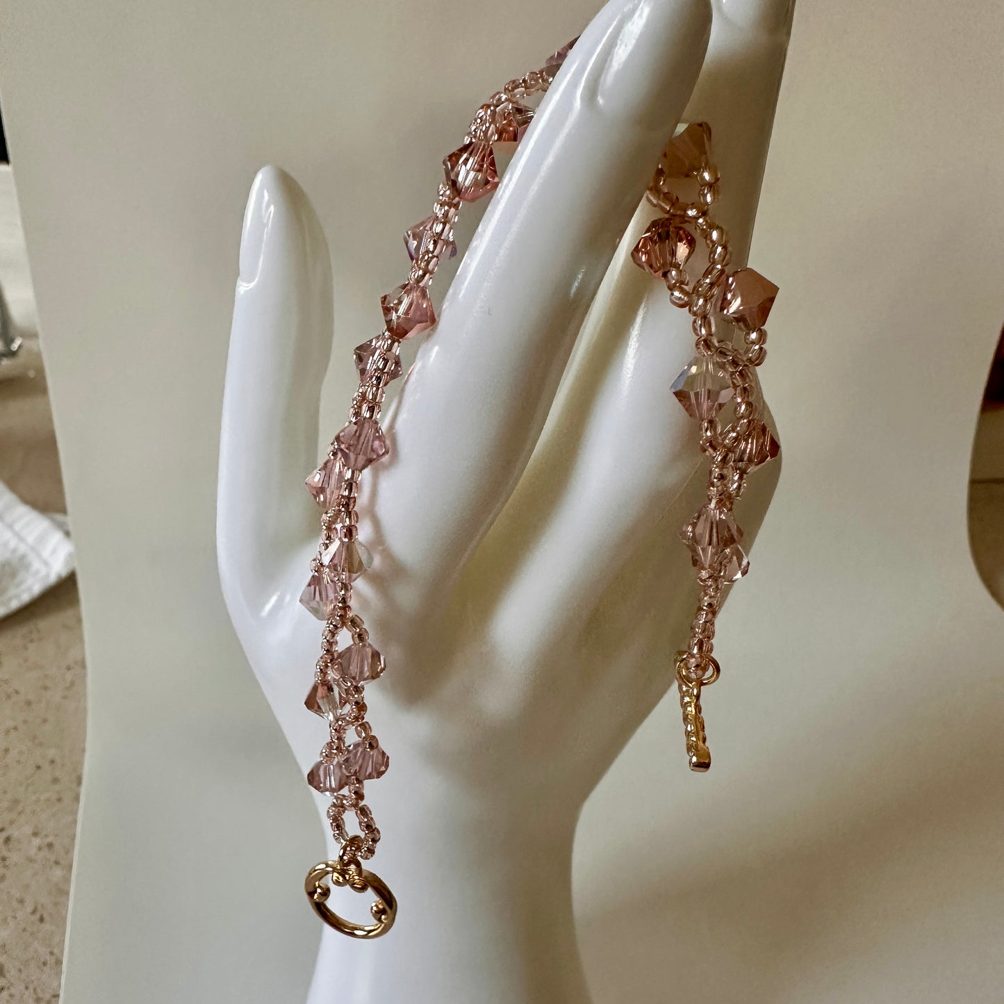Vintage Rose Swarovski Bracelet – Pink Toho Beads & Gold Toggle