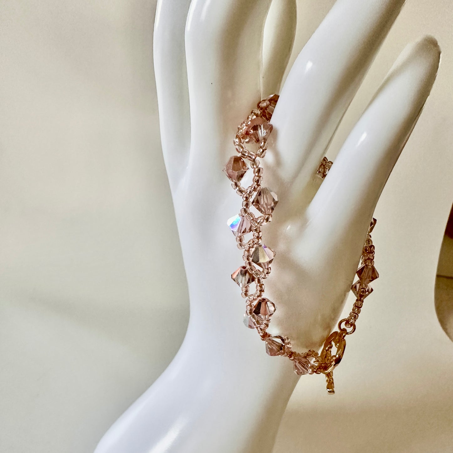 Vintage Rose Swarovski Bracelet – Pink Toho Beads & Gold Toggle