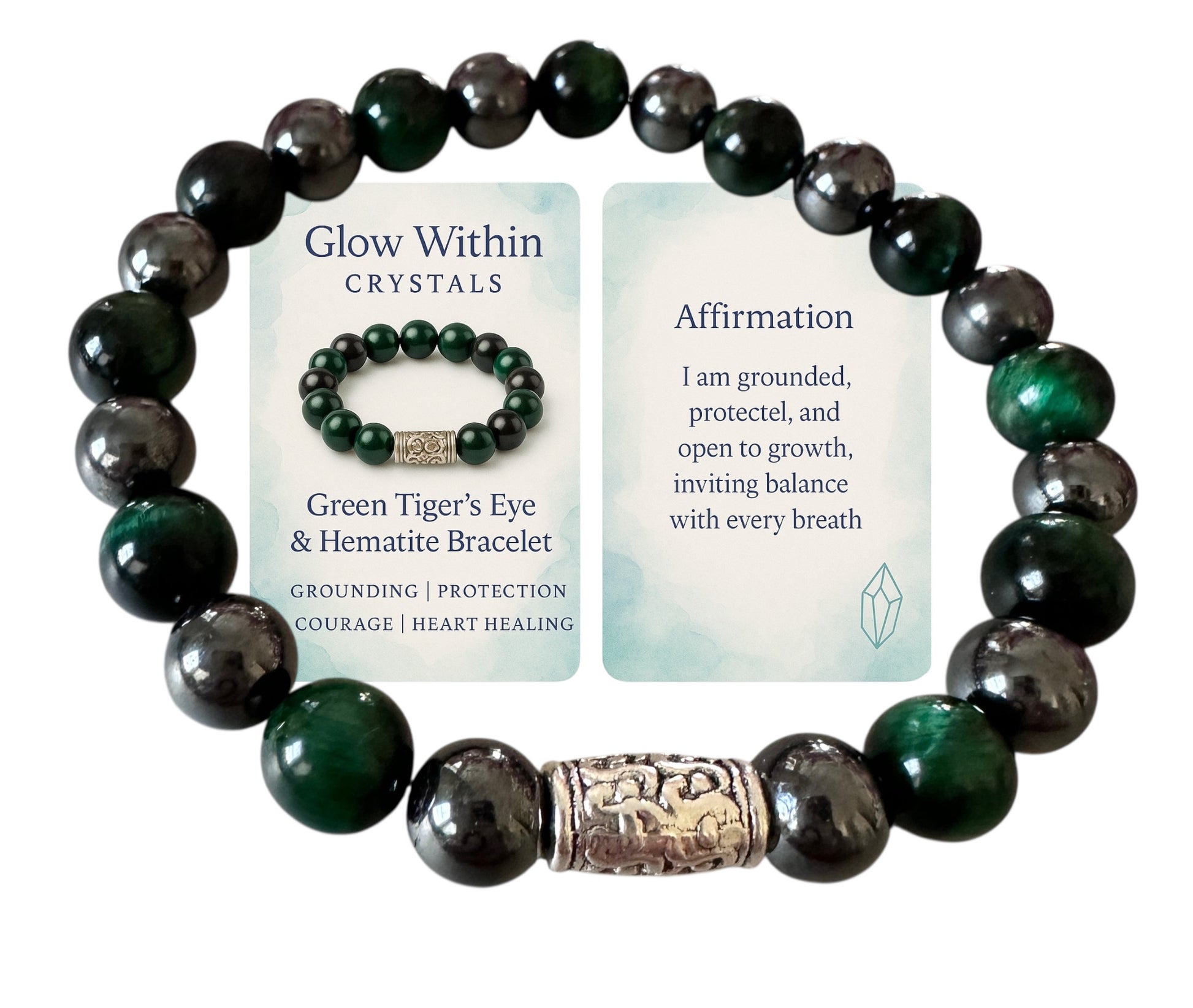 Handmade men’s bracelet with deep green tiger eye and black-silver hematite beads, accented by an engraved silver-tone barrel 