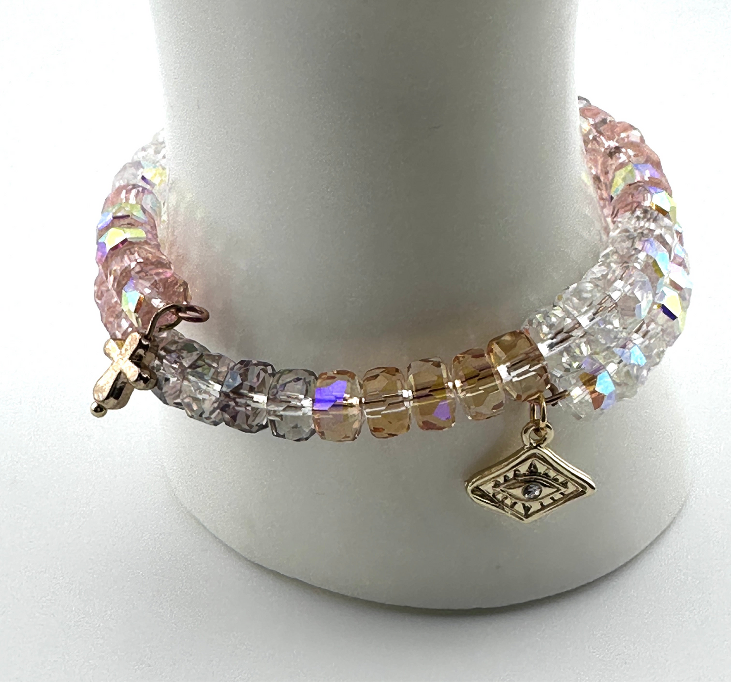 Radiant AB Crystal Memory Wire Bracelet – Triple Wrap with Gold-Plated Evil Eye & Pavé Cross Charms