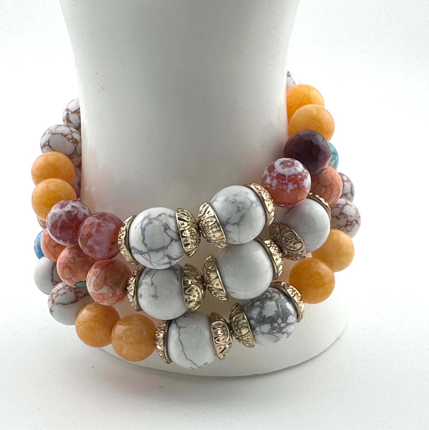 Three-Coil Cuff Bracelet – Fire Agate, Imperial Jasper & Orange Jade | Handmade Gemstone Jewelry
