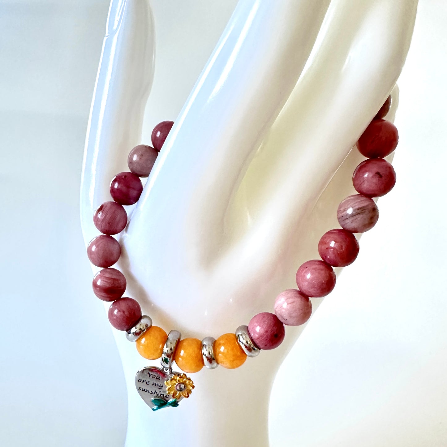 “Sunshine Heart” Bracelet – Rhodonite, Yellow Aventurine & Sterling Silver Sunflower Charm