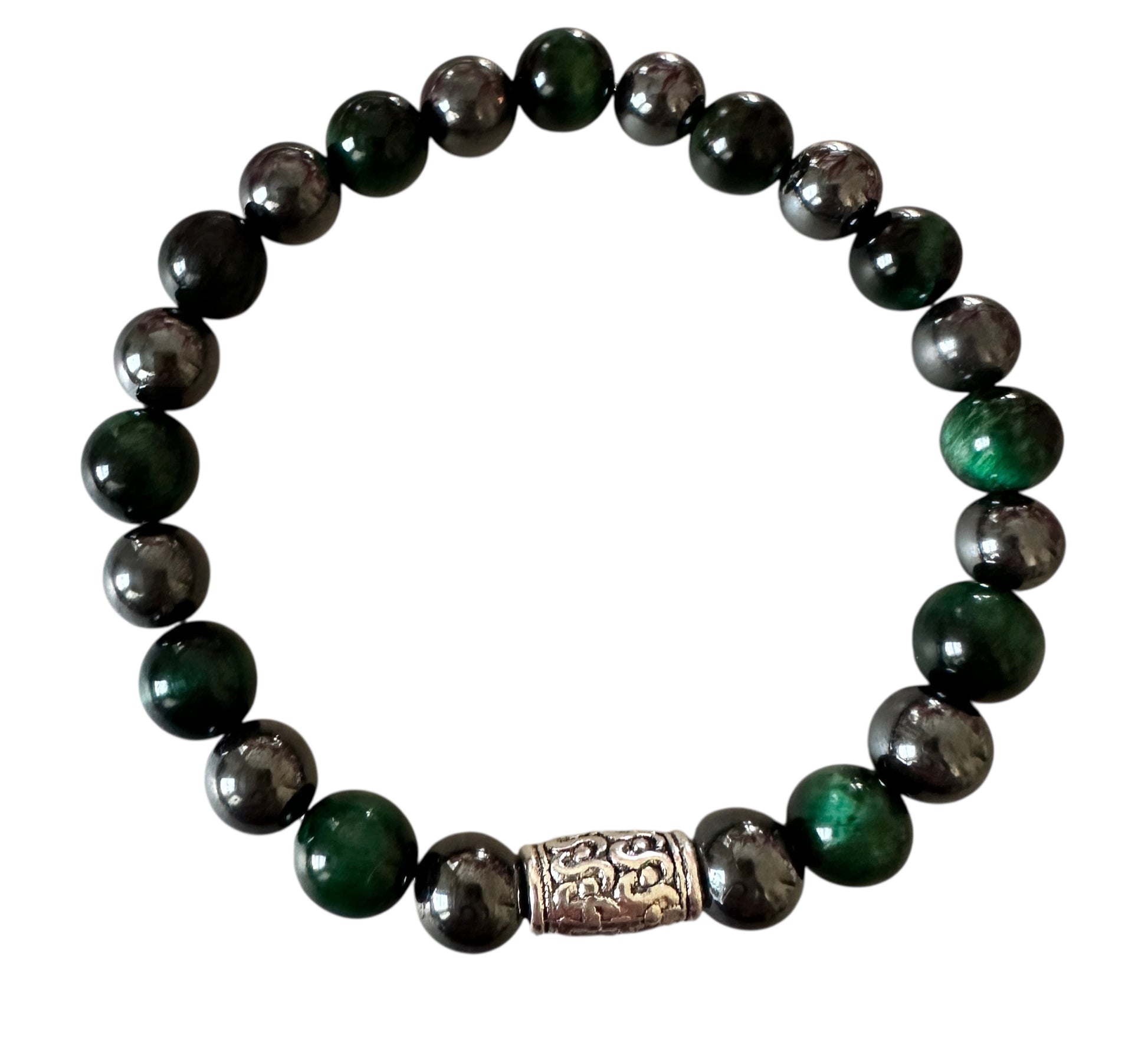 Handmade men’s bracelet with deep green tiger eye and black-silver hematite beads, accented by an engraved silver-tone barrel 