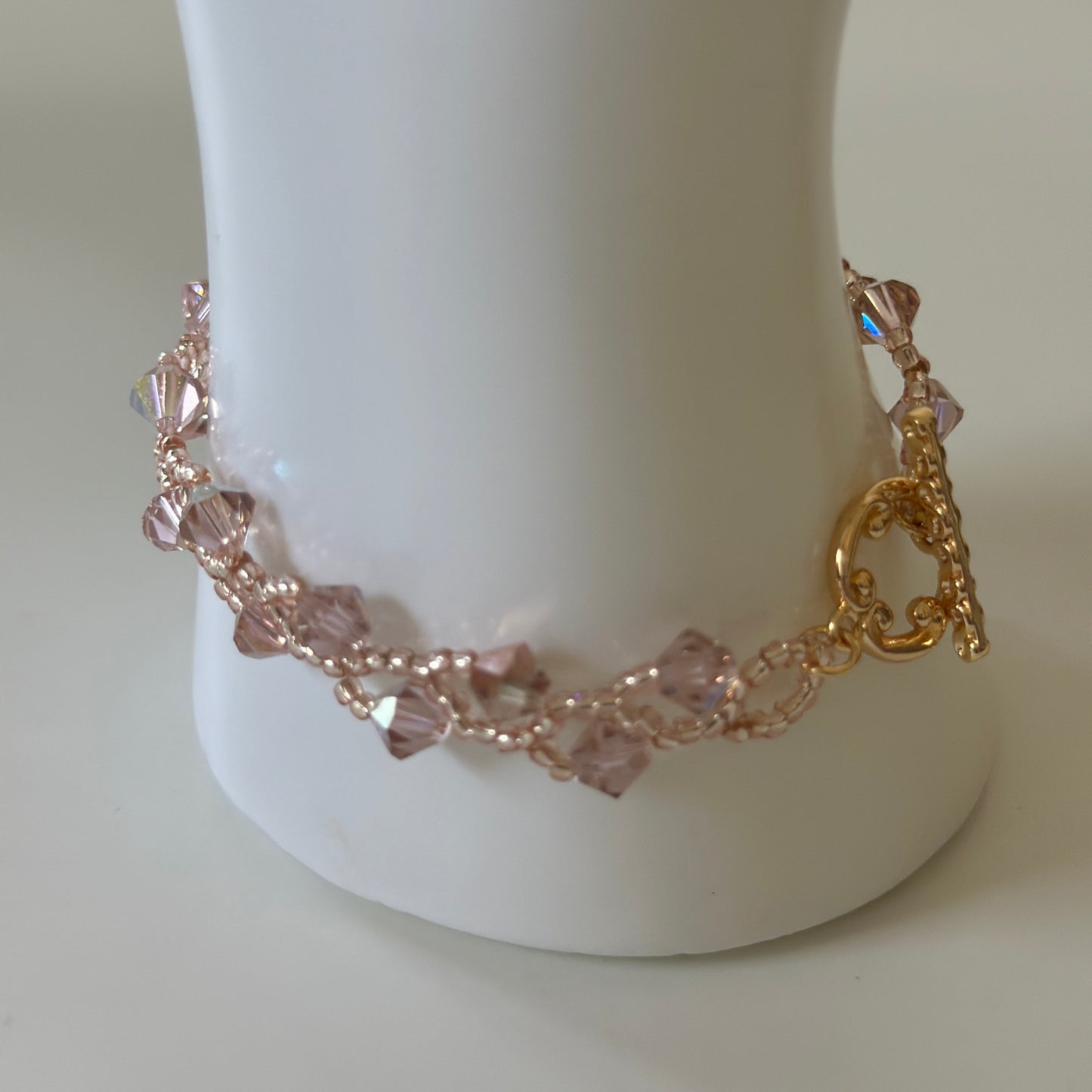 Vintage Rose Swarovski Bracelet – Pink Toho Beads & Gold Toggle