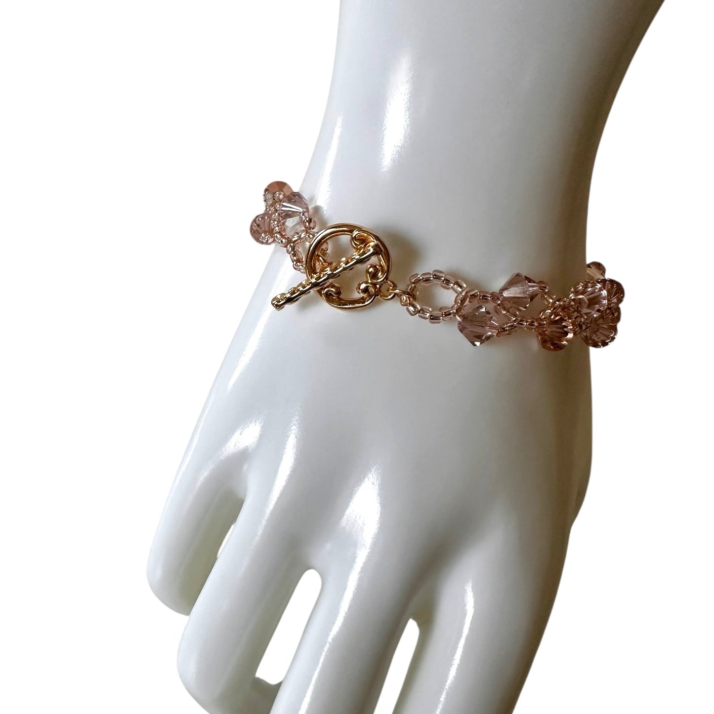 Vintage Rose Swarovski Bracelet – Pink Toho Beads & Gold Toggle