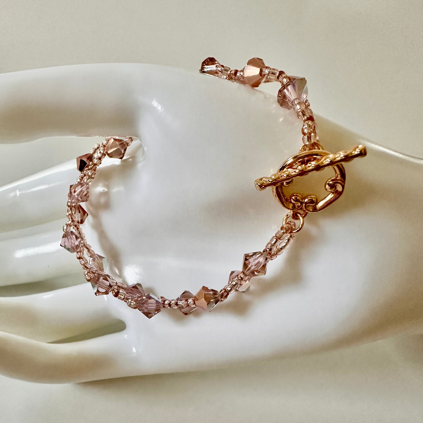 Vintage Rose Swarovski Bracelet – Pink Toho Beads & Gold Toggle