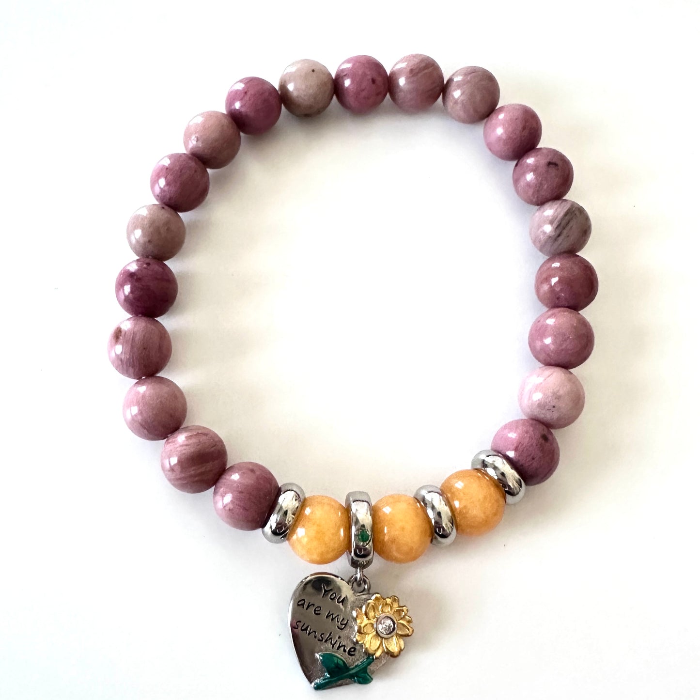 “Sunshine Heart” Bracelet – Rhodonite, Yellow Aventurine & Sterling Silver Sunflower Charm
