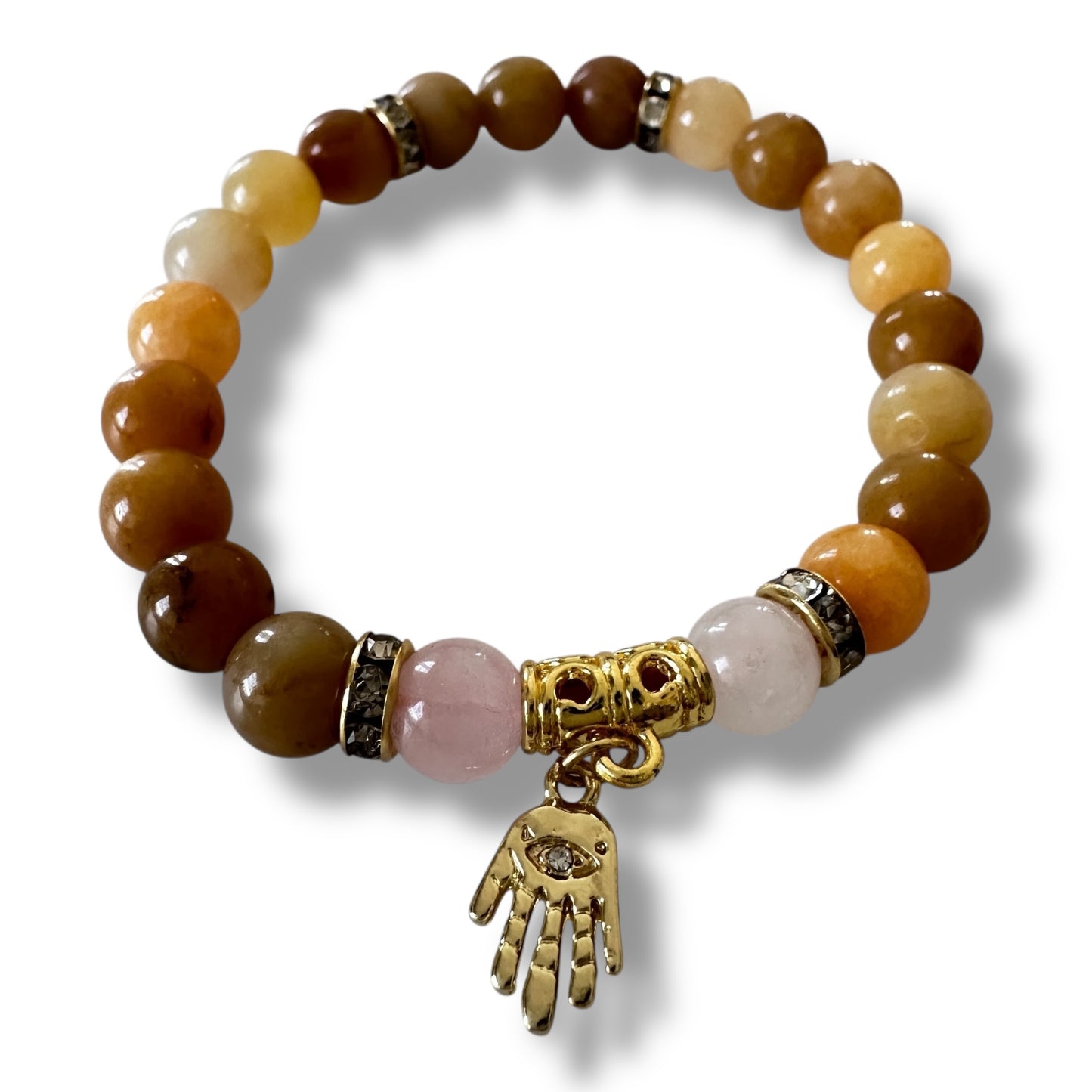 “Golden Grace” Bracelet – Yellow Aventurine, Rose Quartz & Hamsa Charm (Gold-Plated)