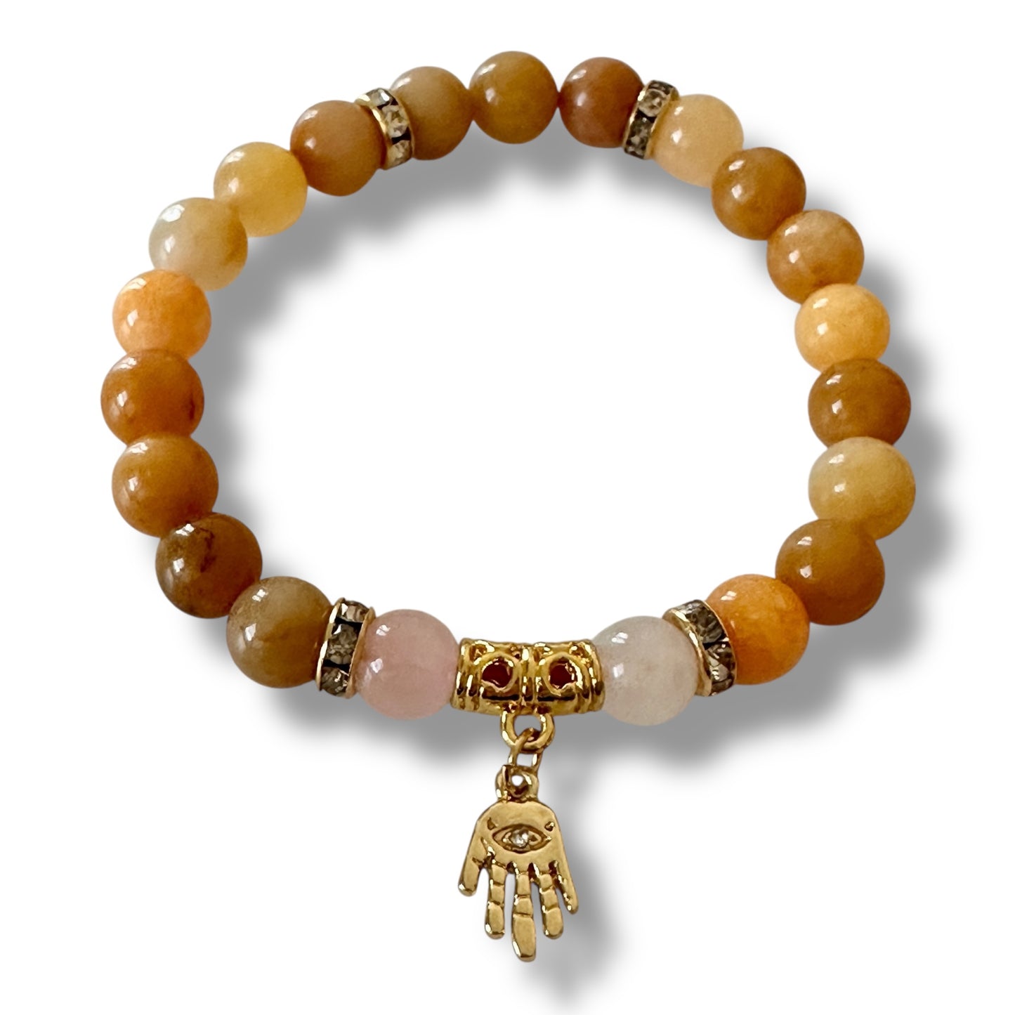 “Golden Grace” Bracelet – Yellow Aventurine, Rose Quartz & Hamsa Charm (Gold-Plated)
