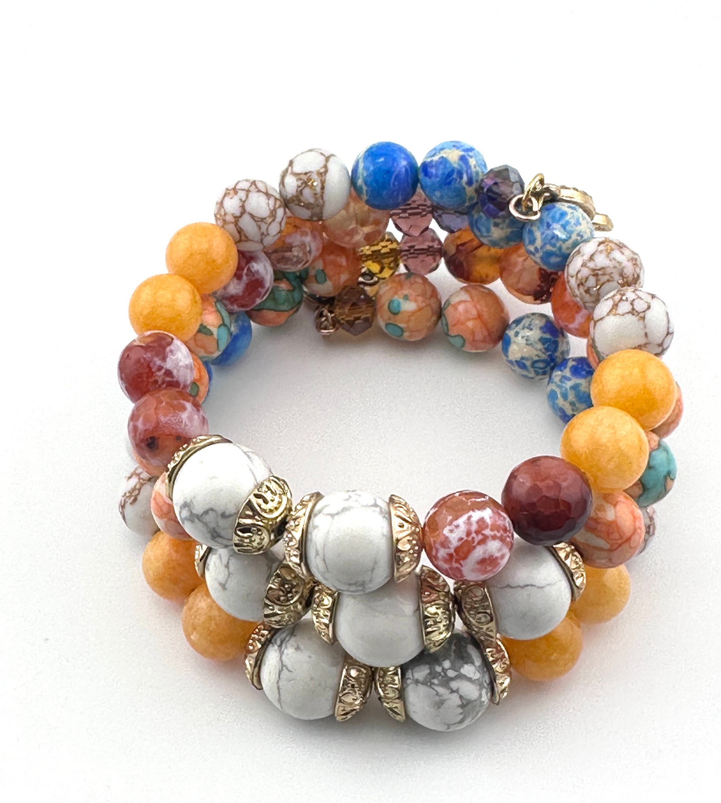 Three-Coil Cuff Bracelet – Fire Agate, Imperial Jasper & Orange Jade | Handmade Gemstone Jewelry