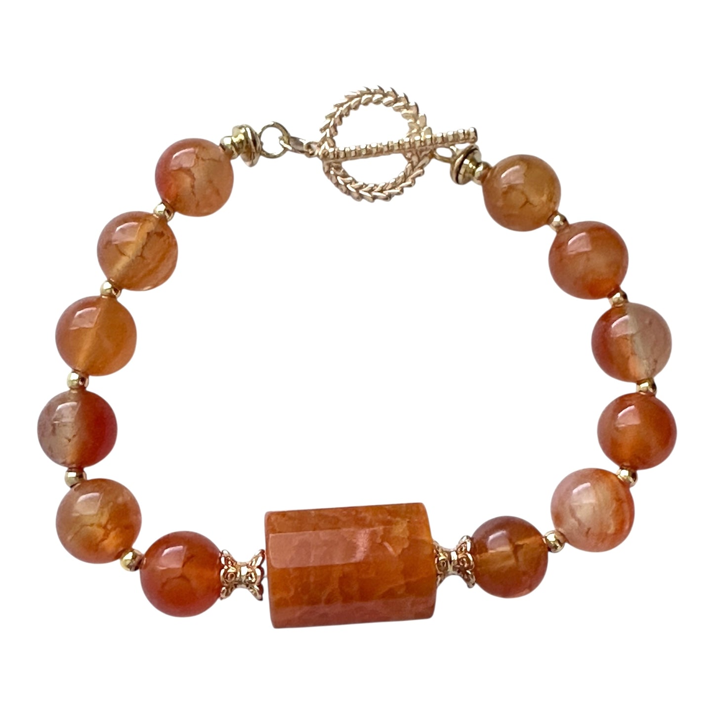 “Inner Flame” Carnelian Bracelet – 10mm Gemstones with Gold-Plated Clasp