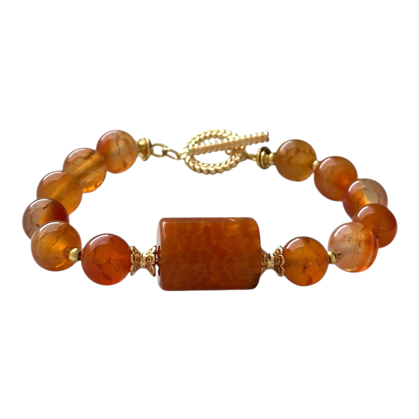 “Inner Flame” Carnelian Bracelet – 10mm Gemstones with Gold-Plated Clasp