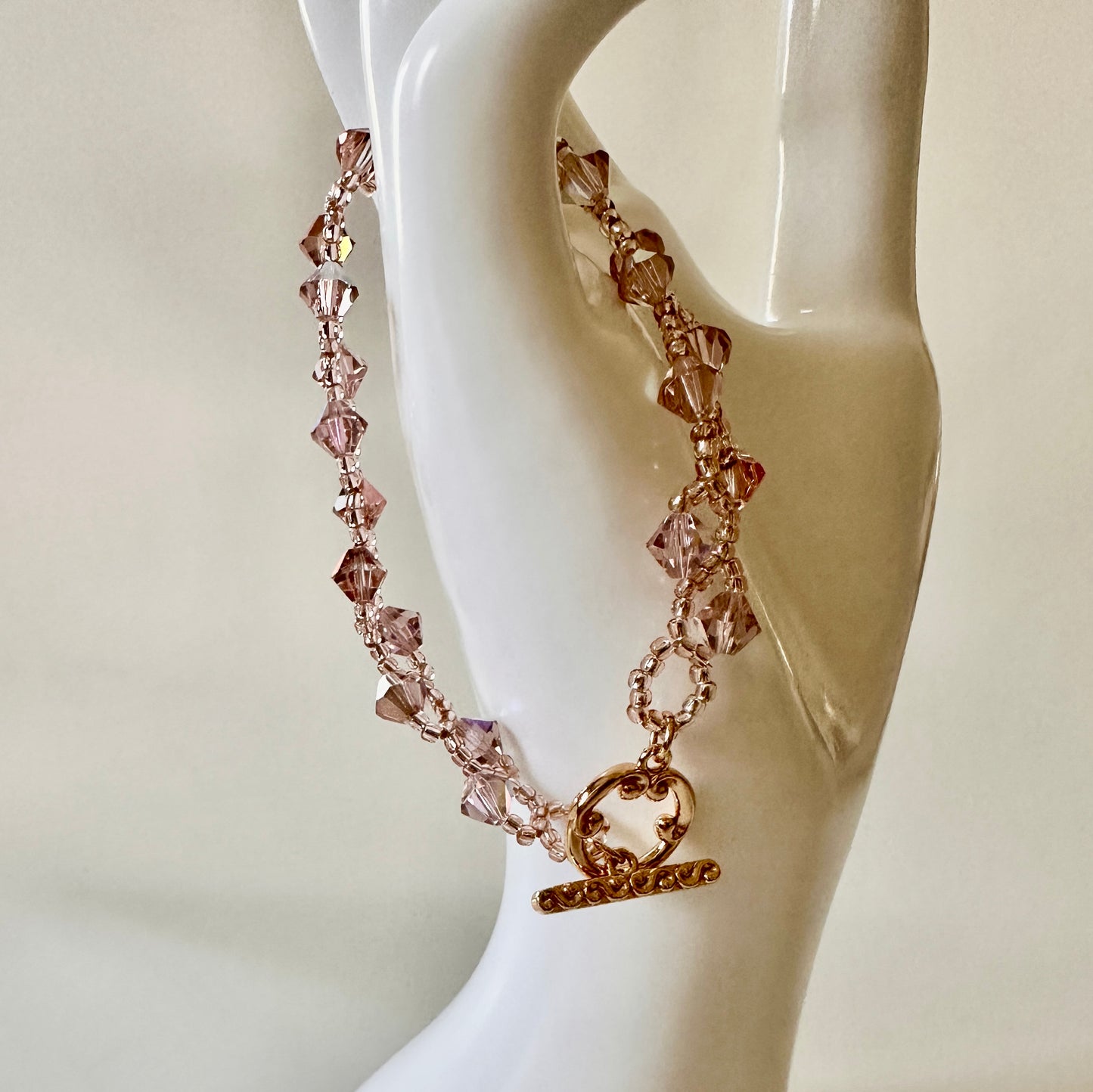 Vintage Rose Swarovski Bracelet – Pink Toho Beads & Gold Toggle