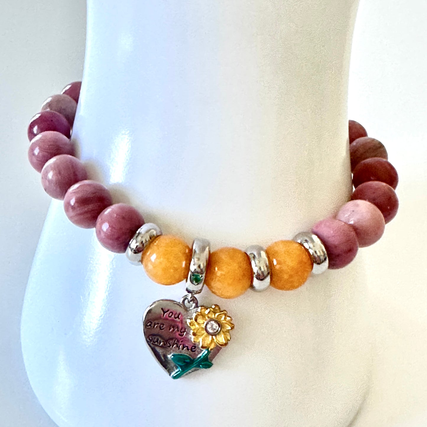 “Sunshine Heart” Bracelet – Rhodonite, Yellow Aventurine & Sterling Silver Sunflower Charm