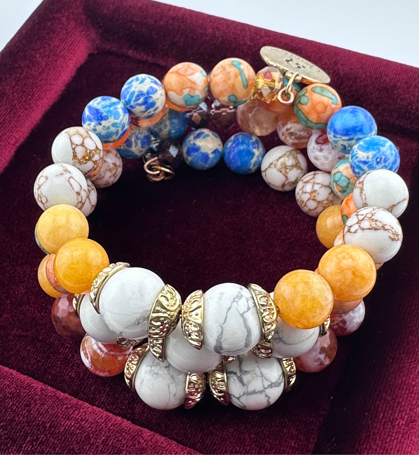 Three-Coil Cuff Bracelet – Fire Agate, Imperial Jasper & Orange Jade | Handmade Gemstone Jewelry