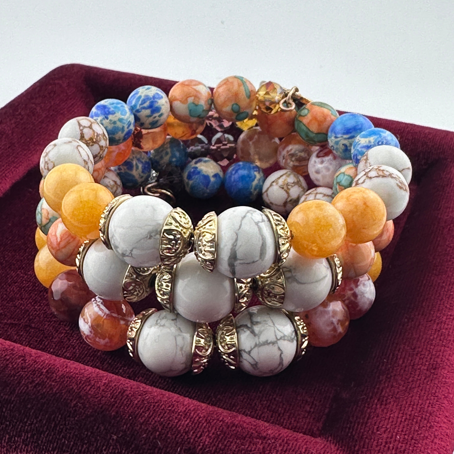 Three-Coil Cuff Bracelet – Fire Agate, Imperial Jasper & Orange Jade | Handmade Gemstone Jewelry