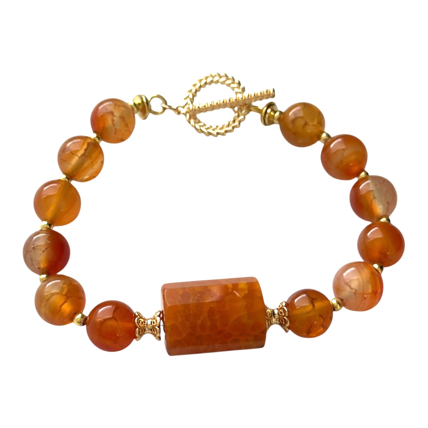 “Inner Flame” Carnelian Bracelet – 10mm Gemstones with Gold-Plated Clasp
