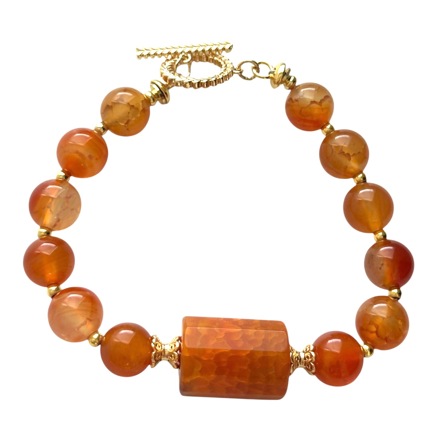“Inner Flame” Carnelian Bracelet – 10mm Gemstones with Gold-Plated Clasp
