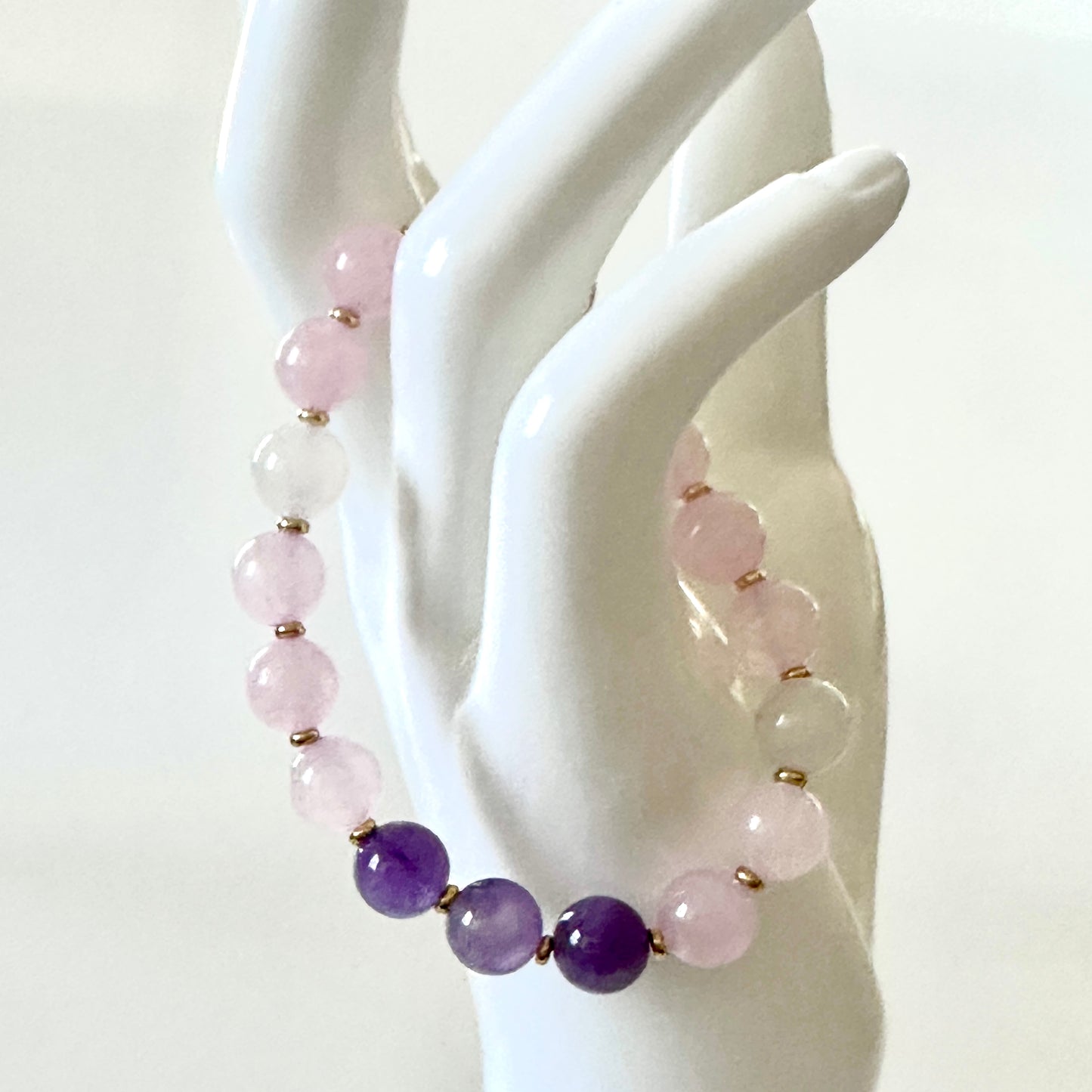 “Inner Light” Bracelet – 8 mm Amethyst, Rose Quartz & Milky Quartz