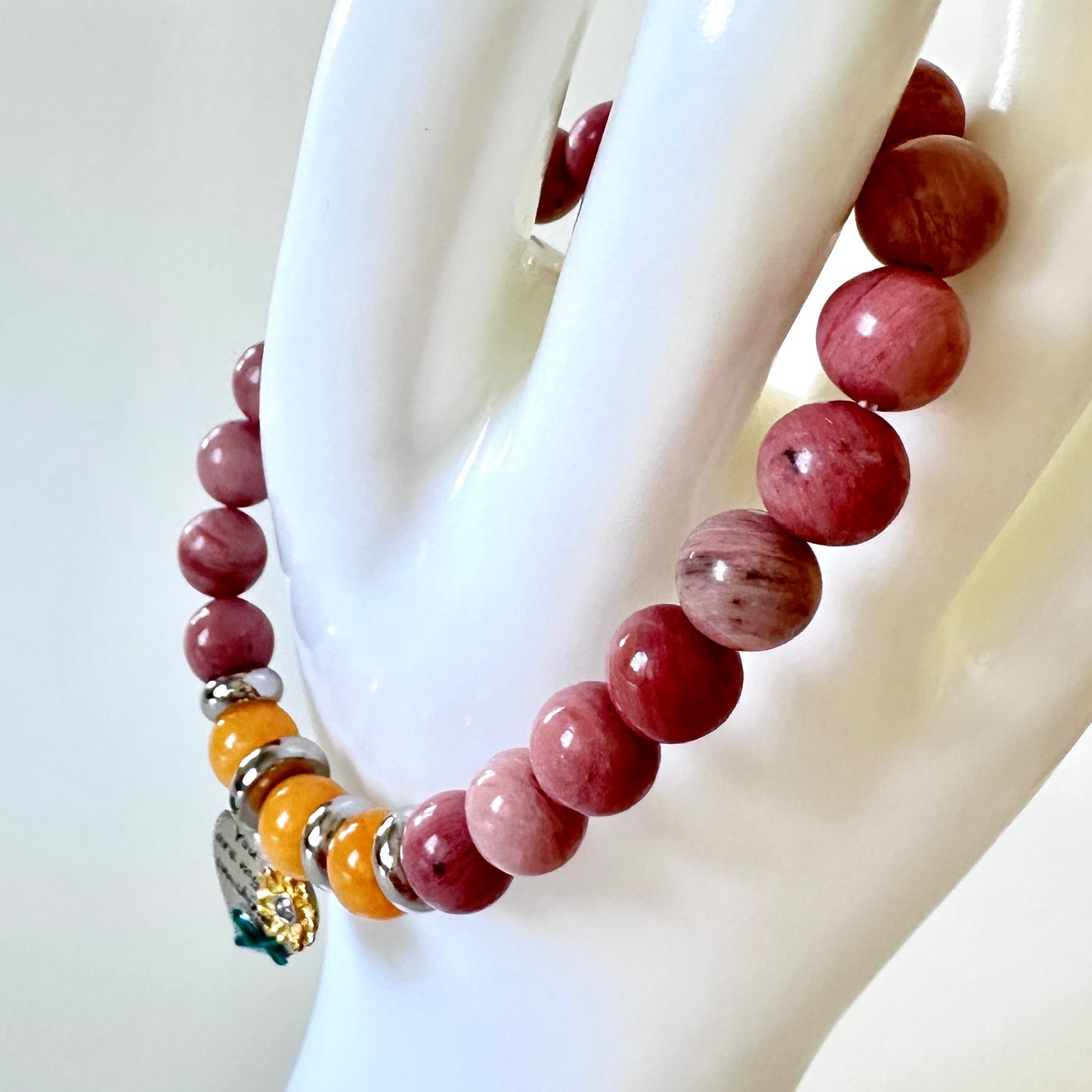“Sunshine Heart” Bracelet – Rhodonite, Yellow Aventurine & Sterling Silver Sunflower Charm
