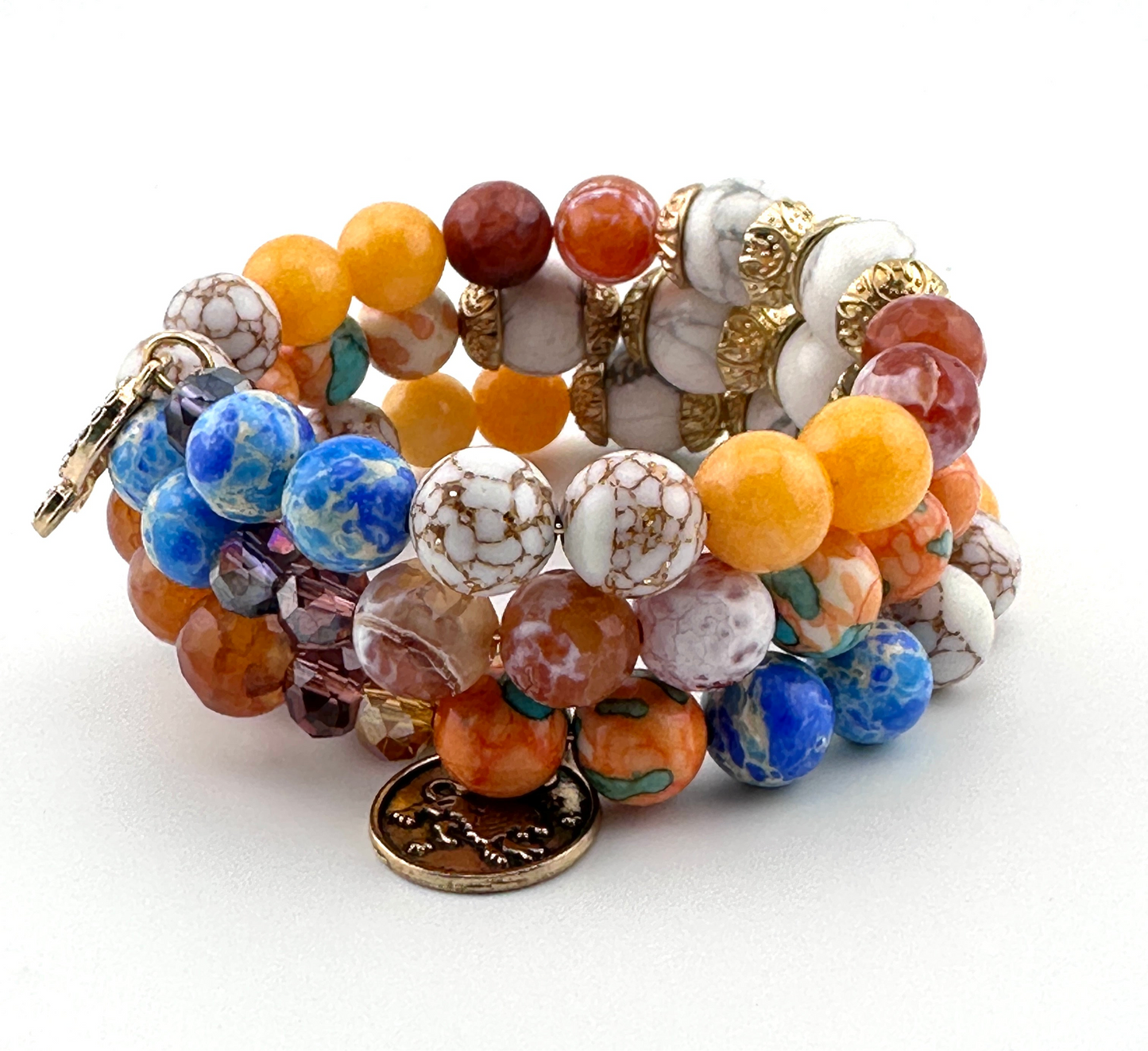 Three-Coil Cuff Bracelet – Fire Agate, Imperial Jasper & Orange Jade | Handmade Gemstone Jewelry
